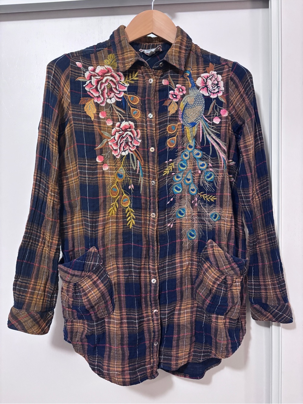 Johnny Was Quito Painters Smock Size Small Tunic Plaid Floral Peacock Gauze Soft - Picture 2 of 11